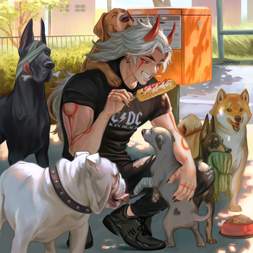 1boy, ac/dc, arataki_itto, artist_name, bandages, black_footwear, black_legwear, black_nails, black_shirt, body_markings, bone, bulldog, bush, collar, corn_cob, denim, dog, dog_request, english_commentary, food_bowl, genshin_impact, great_dane, highres, horns, jeans, long_hair, looking_at_food, male_focus, oni, oni_horns, outdoors, panprika11, pants, pet_food, red_eyes, shiba_inu, shirt, spiked_collar, spikes, squatting, t-shirt, teeth, toned, toned_male, torn_clothes, torn_legwear, tree, white_hair