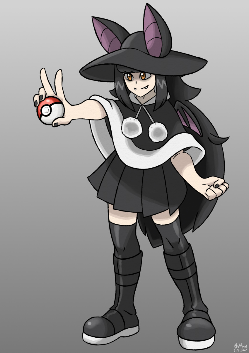 1girl, absurdres, animal_ears, bat_ears, bat_girl, bat_wings, batatvideogames, birdmaws, black_hair, black_nail_polish, black_nails, boots, hat, highres, indie_virtual_youtuber, long_hair, moriko_kyoho, nail_polish, parka, skirt, sun_hat, thigh-highs, thighhighs_under_boots, wings, yellow_eyes