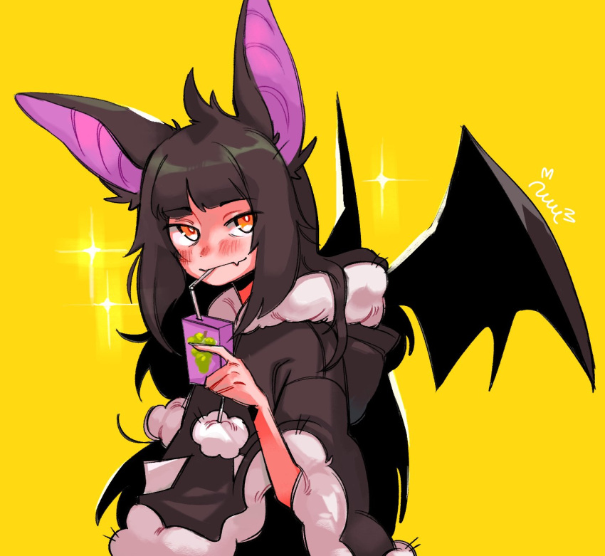 1girl, animal_ears, bat_ears, bat_girl, bat_wings, batatvideogames, black_hair, highres, indie_virtual_youtuber, juice_box, long_hair, moriko_kyoho, nuu, poncho, wings, yellow_eyes