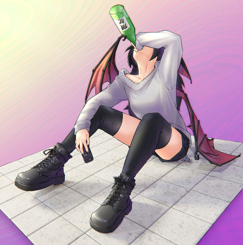 1girl, alcohol, animal_ears, bat_ears, bat_girl, bat_wings, batatvideogames, black_hair