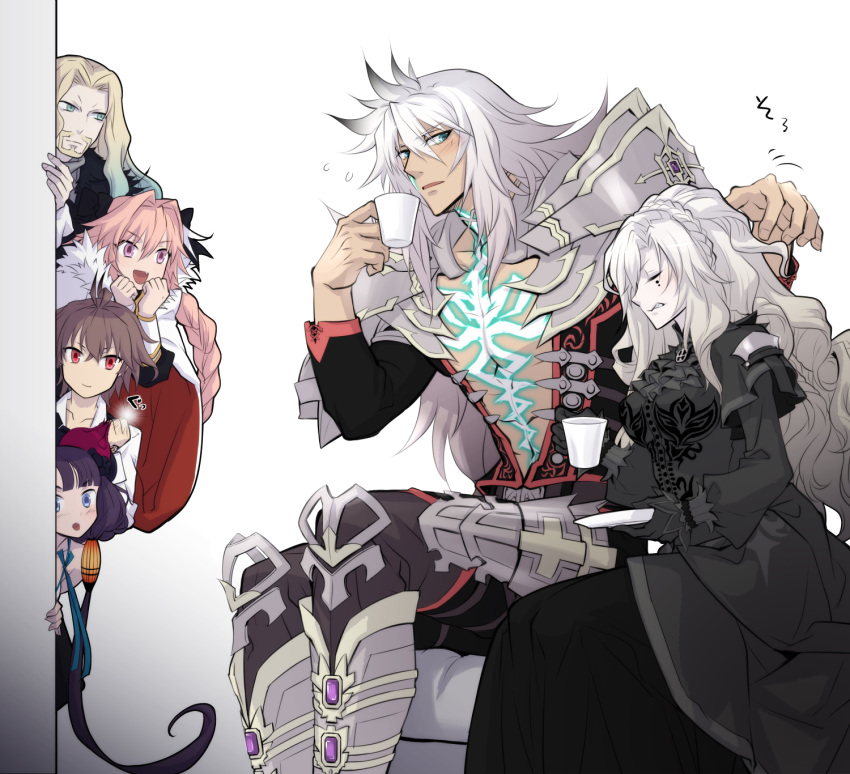 2girls, 4boys, armor, around_corner, astolfo_(fate), beard, black_dress, black_gloves