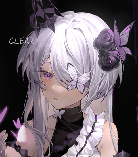 1girl, aether_gazer, animal_print, bangs, bare_shoulders, bug, butterfly, butterfly_hair_ornament, butterfly_on_hand, butterfly_print, clear_regulus, detached_sleeves, dress, eyebrows_visible_through_hair, frilled_dress, frills, hair_ornament, hair_over_one_eye, hella_(aether_gazer), long_hair, looking_at_hand, open_mouth, short_hair, simple_background, solo, violet_eyes, white_hair