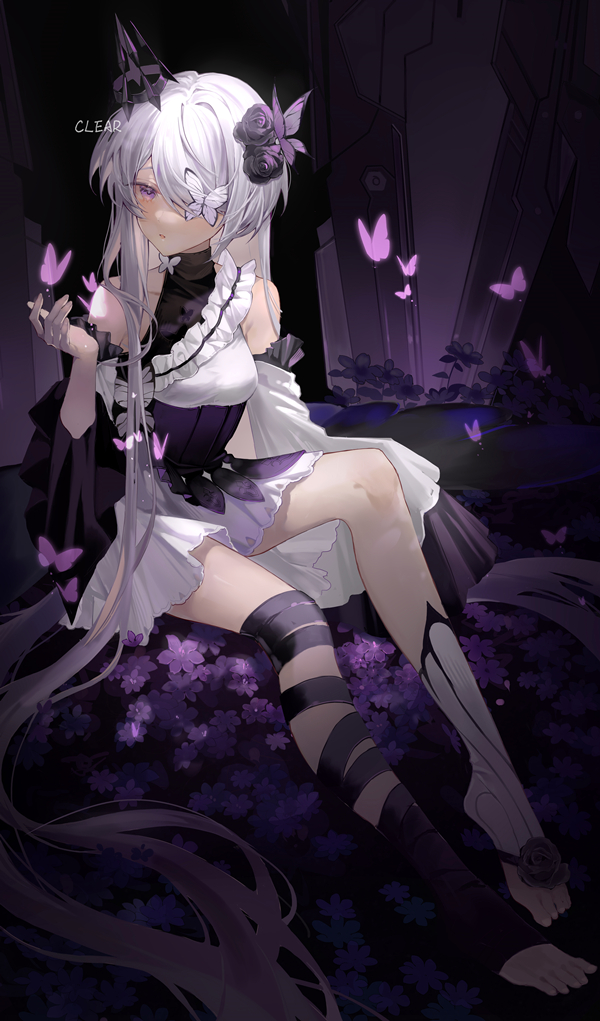 1girl, absurdly_long_hair, aether_gazer, animal_print, bandaged_leg, bandages, bangs, bare_shoulders, blood, blood_on_leg, breasts, bug, butterfly, butterfly_hair_ornament, butterfly_on_hand, butterfly_print, clear_regulus, detached_sleeves, dress, eyebrows_visible_through_hair, frilled_dress, frills, full_body, hair_ornament, hair_over_one_eye, hella_(aether_gazer), long_hair, looking_at_hand, miniskirt, multicolored_clothes, on_ground, open_mouth, purple_background, purple_dress, short_hair, skirt, small_breasts, solo, thighs, very_long_hair, violet_eyes, white_hair, wrinkled_fabric
