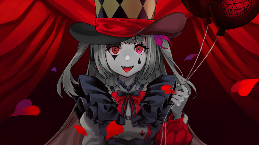 1girl, argyle, argyle_hat, asymmetrical_sleeves, balloon, black_ribbon, bow, bowtie