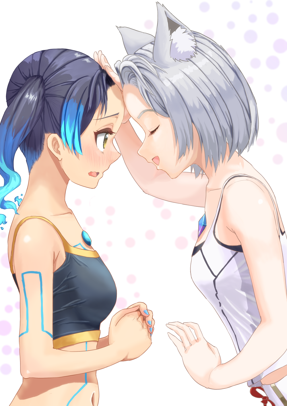 2girls, camisole, chest_jewel, fiery_hair, glowing_lines, high_tops, highres, jacket