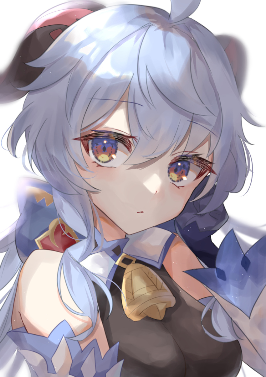 1girl, ahoge, bangs, bare_shoulders, bell, blue_hair, bow, breasts