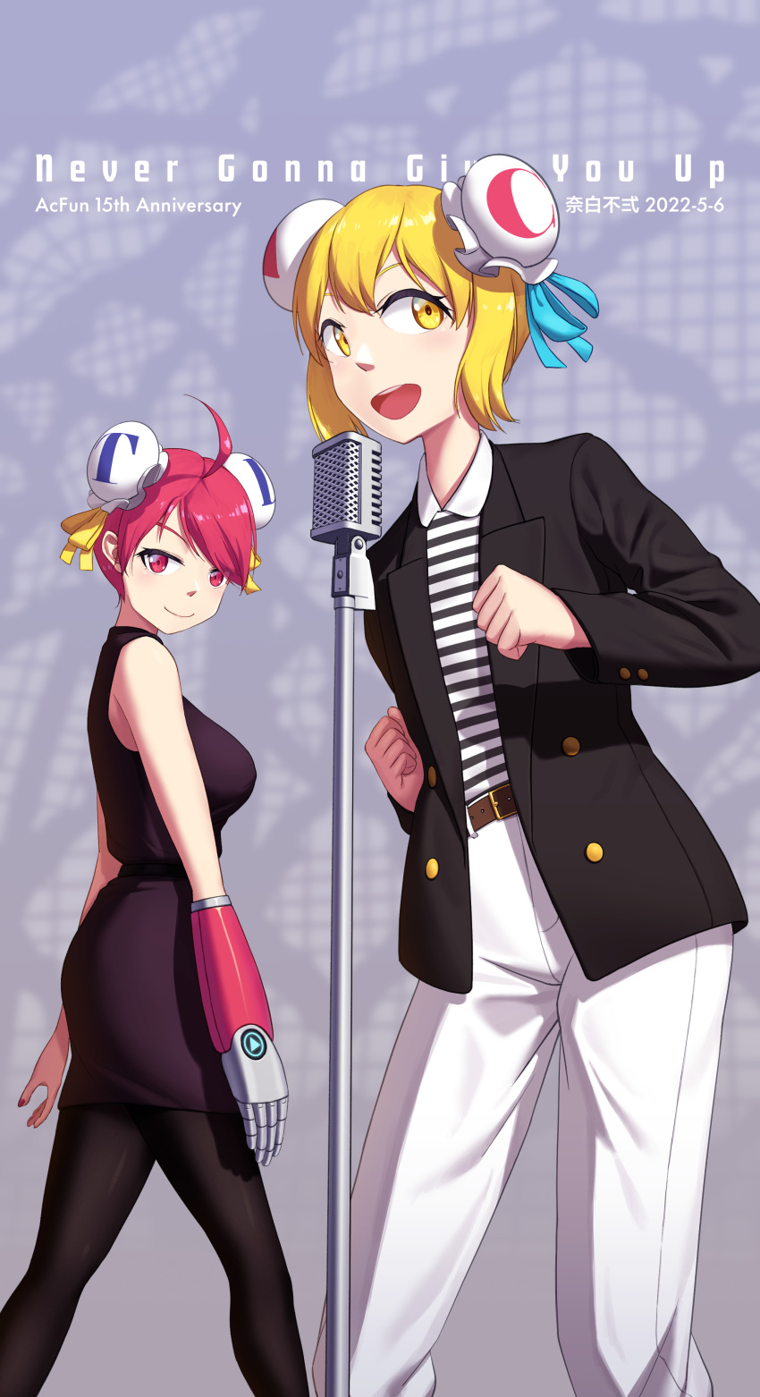 2girls, absurdres, acfun, acfun_girl, ahoge, anniversary, black_legwear, blonde_hair