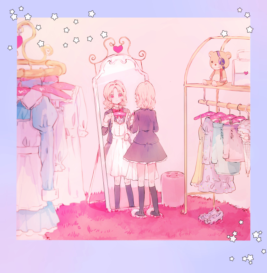 1girl, absurdres, ankle_socks, black_legwear, blazer, blonde_hair, border, clothes