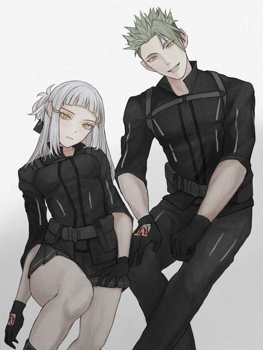 1boy, 1girl, achilles_(fate), alternate_costume, fate/grand_order, fate_(series), fujimaru_ritsuka_(female), fujimaru_ritsuka_(female)_(polar_chaldea_uniform), fujimaru_ritsuka_(male), fujimaru_ritsuka_(male)_(polar_chaldea_uniform), gloves, green_hair, highres, penthesilea_(fate), simple_background, user_paze2545, white_background, white_hair, yellow_eyes