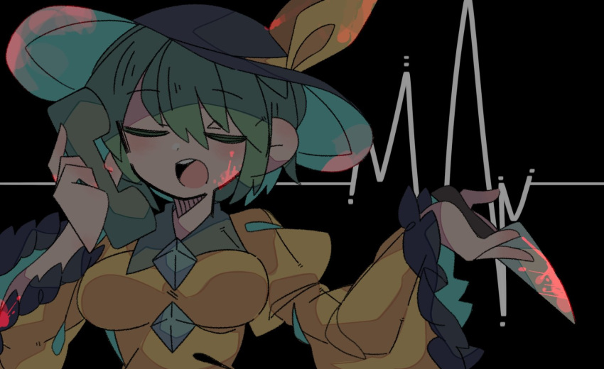 black_background, black_headwear, blood, blood_on_face, blood_on_weapon, breasts, cardiogram, closed_eyes, eyebrows_visible_through_hair, facing_viewer, green_hair, hat, hat_ribbon, holding, holding_knife, holding_phone, holding_weapon, juliet_sleeves, knife, komeiji_koishi, large_breasts, long_sleeves, massakasama_(style), one-hour_drawing_challenge, open_mouth, phone, puffy_sleeves, r.h_no.1_fuyumomo, ribbon, short_hair, simple_background, touhou, upper_body, weapon, yellow_ribbon