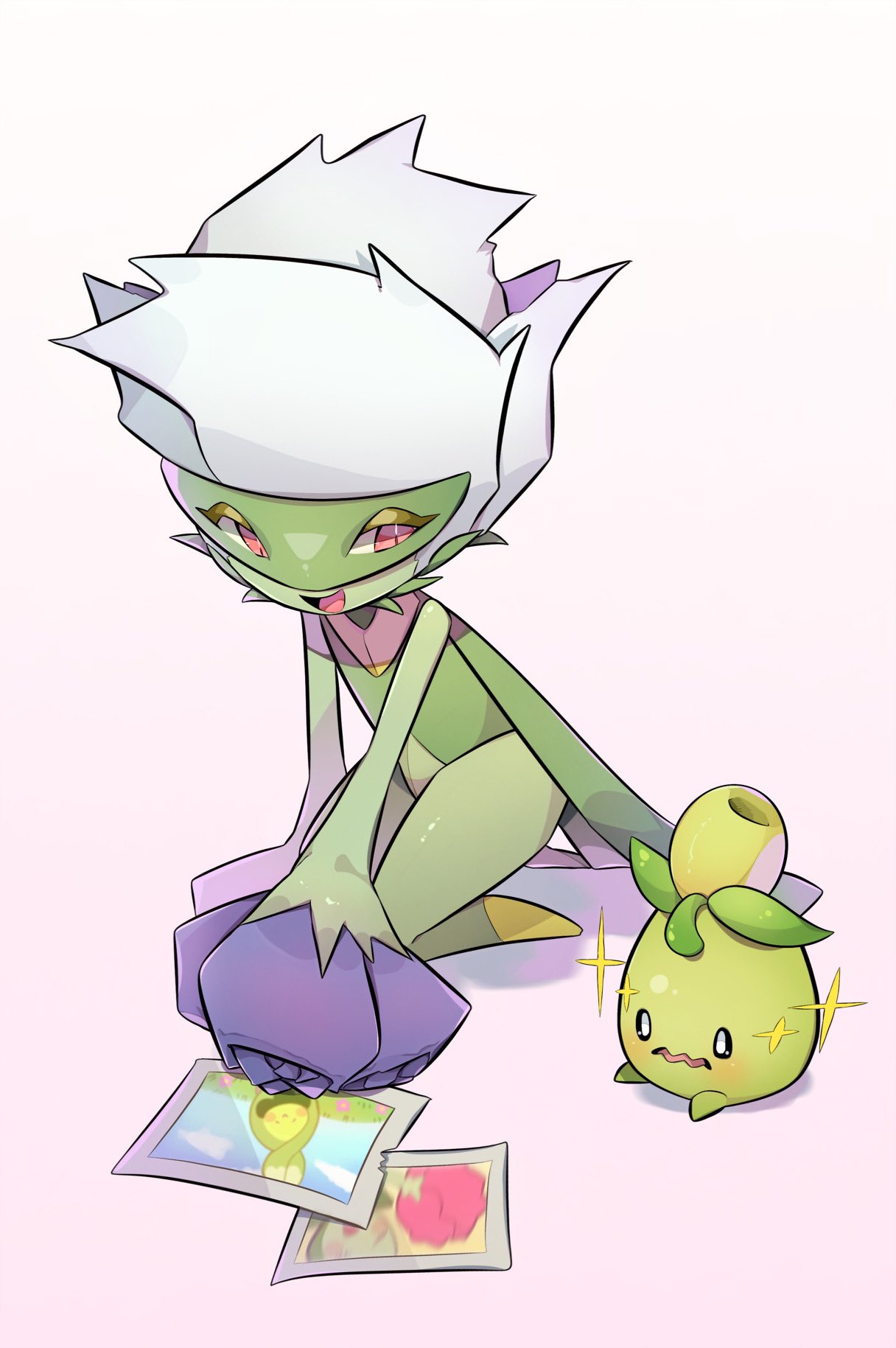 :d, alternate_color, black_eyes, blush, bright_pupils, budew, character_print, commentary_request