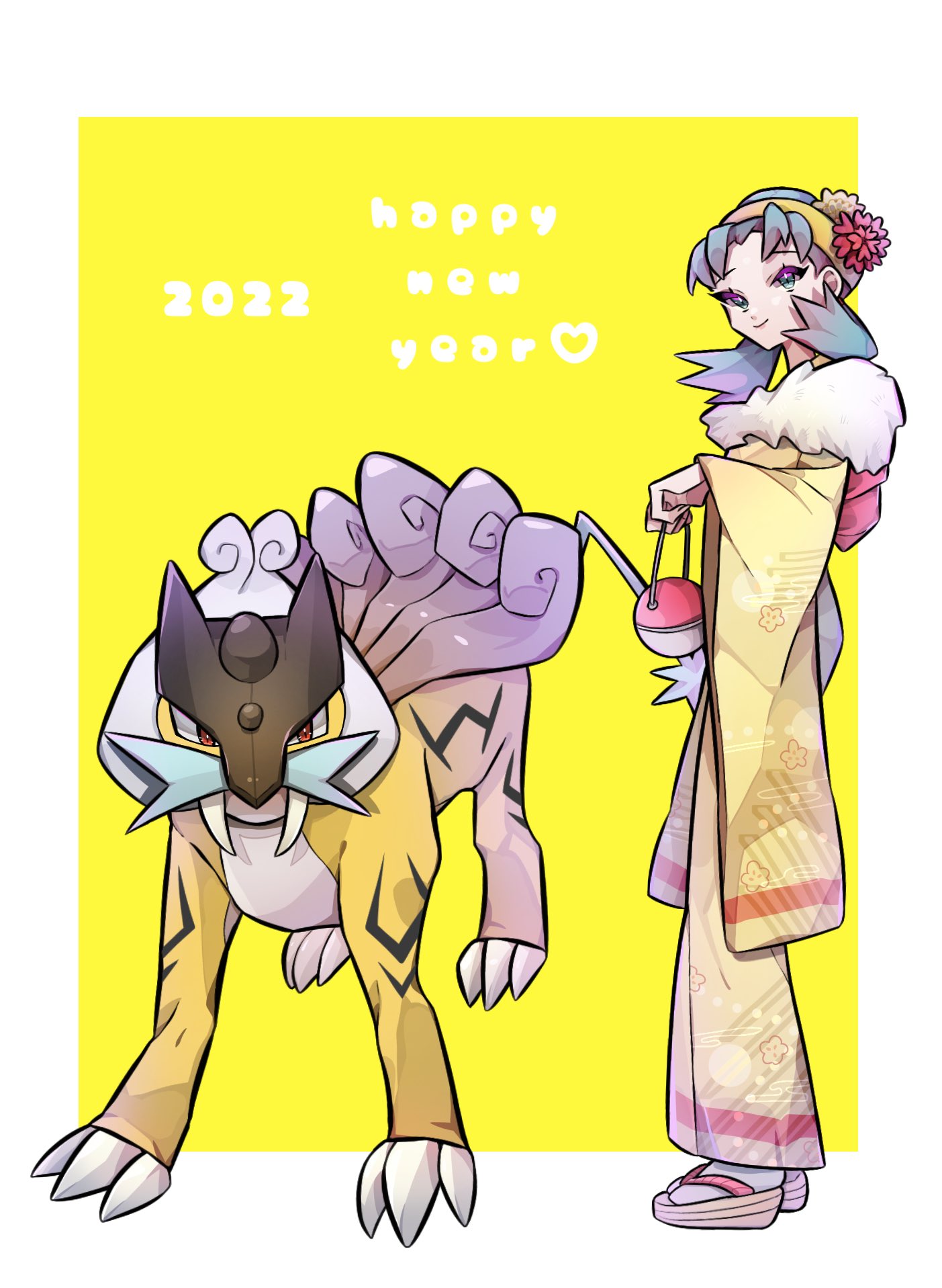 1girl, 2022, bangs, border, closed_mouth, commentary_request, ebichi_(mon600n), eyelashes, flipped_hair, floral_print, flower, green_hair, hair_flower, hair_ornament, hairband, happy_new_year, highres, holding, japanese_clothes, kimono, kris_(pokemon), long_hair, outside_border, pokemon, pokemon_(creature), pokemon_(game), pokemon_gsc, raikou, red_flower, smile, standing, white_border, wide_sleeves, yellow_background, yellow_hairband, yellow_kimono