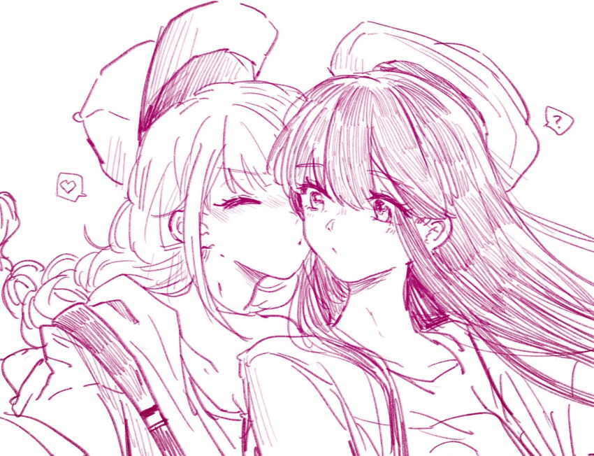 2girls, ?, achi_sang, baseball_cap, braid, chinese_commentary, floating_hair, hat