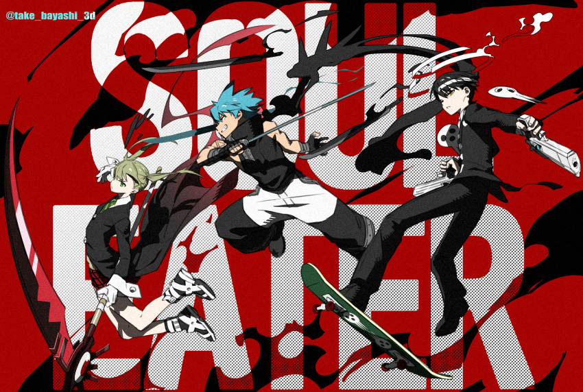 1girl, 2boys, absurdres, black_gloves, black_hair, black_pants, black_star, black_suit