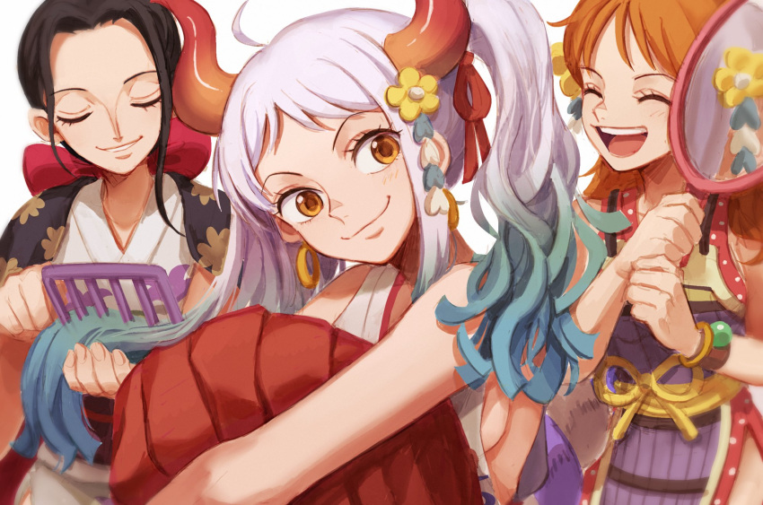 3girls, ^_^, ahoge, alternate_hairstyle, aqua_hair, armor, black_hair, bow