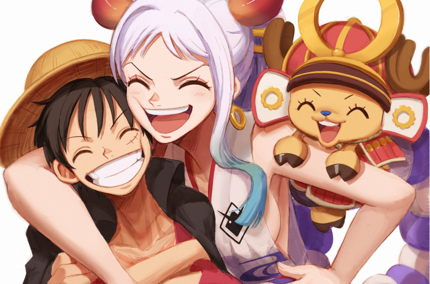1girl, 2boys, ^_^, antlers, aqua_hair, arm_around_neck, armor, bare_arms