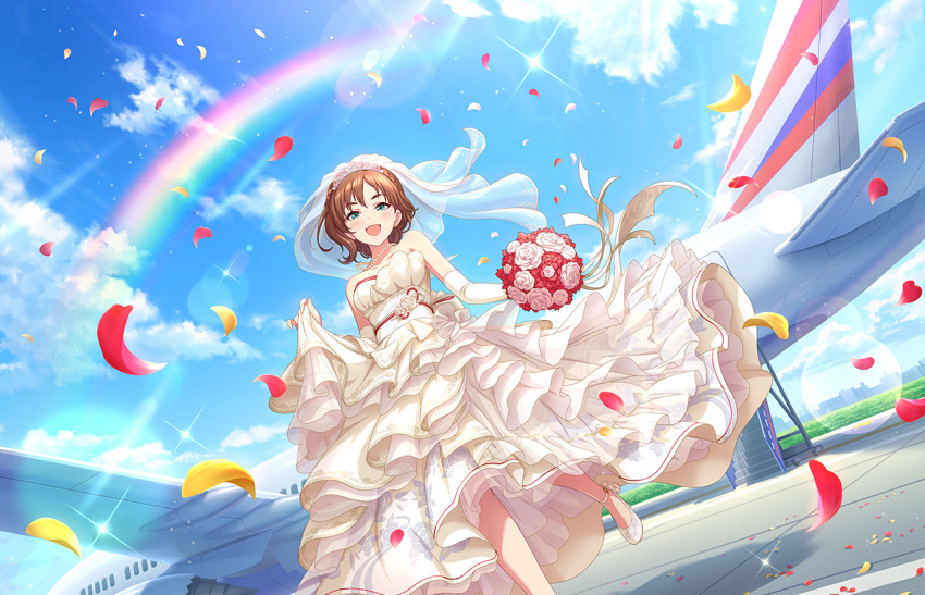 1girl, aircraft, airplane, aqua_eyes, artist_request, bangs, blue_sky, blush, bouquet, bridal_veil, bride, brown_hair, clouds, collarbone, day, dress, elbow_gloves, floral_print, flower, gloves, holding, holding_bouquet, idolmaster, idolmaster_cinderella_girls, idolmaster_cinderella_girls_starlight_stage, jewelry, kate_(idolmaster), looking_at_viewer, necklace, official_art, open_mouth, outdoors, pearl_necklace, petals, rainbow, sky, smile, solo, standing, strapless, strapless_dress, sunlight, veil, wedding_dress, white_dress, white_gloves