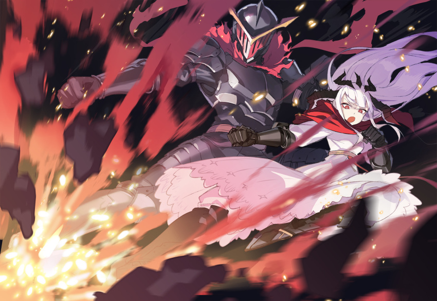 1boy, 1girl, :o, armor, cape, clenched_hand, dress, explosion, fighting_stance, free_knight_rider, gauntlets, helmet, highres, jong_tu, kicking, pixiv_fantasia, pixiv_fantasia_last_saga, red_eyes, red_scarf, rubble, scarf, shouting, tina_dhuramemole, white_dress, white_hair