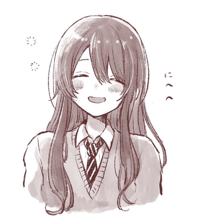 1girl, ^_^, ^o^, anam95, blush, closed_eyes, cropped_torso, hair_between_eyes, idolmaster, idolmaster_shiny_colors, long_hair, monochrome, necktie, osaki_tenka, school_uniform, simple_background, smile, solo, straight_hair, vest