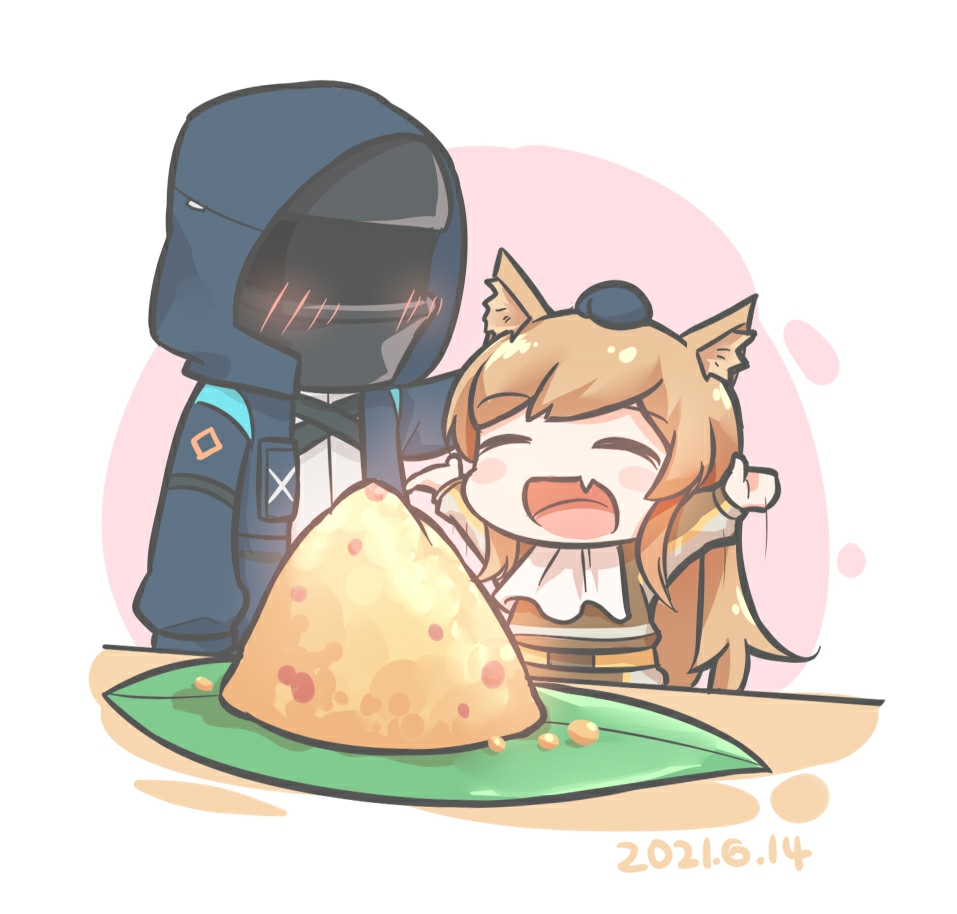1girl, 1other, :d, ambiguous_gender, animal_ear_fluff, animal_ears, arknights, arms_up, banana_leaf, belt, black_hood, black_jacket, black_mask, black_sleeves, black_straps, blue_hood, blue_jacket, blue_sleeves, blush, blush_visible_through_clothes, brown_belt, brown_hair, brown_jacket, brown_sleeves, ceobe_(arknights), chibi, chinese_commentary, closed_eyes, commentary_request, dated, doctor_(arknights), dog_ears, dog_girl, eyebrows_visible_through_hair, fang, food, fried_rice, hand_up, happy, headpat, hood, hood_up, hooded_jacket, jacket, long_hair, long_sleeves, mask, motion_lines, napkin, open_clothes, open_jacket, open_mouth, outstretched_arms, partial_commentary, pink_background, shirt, skin_fang, smile, standing, table, white_background, white_shirt, xjx