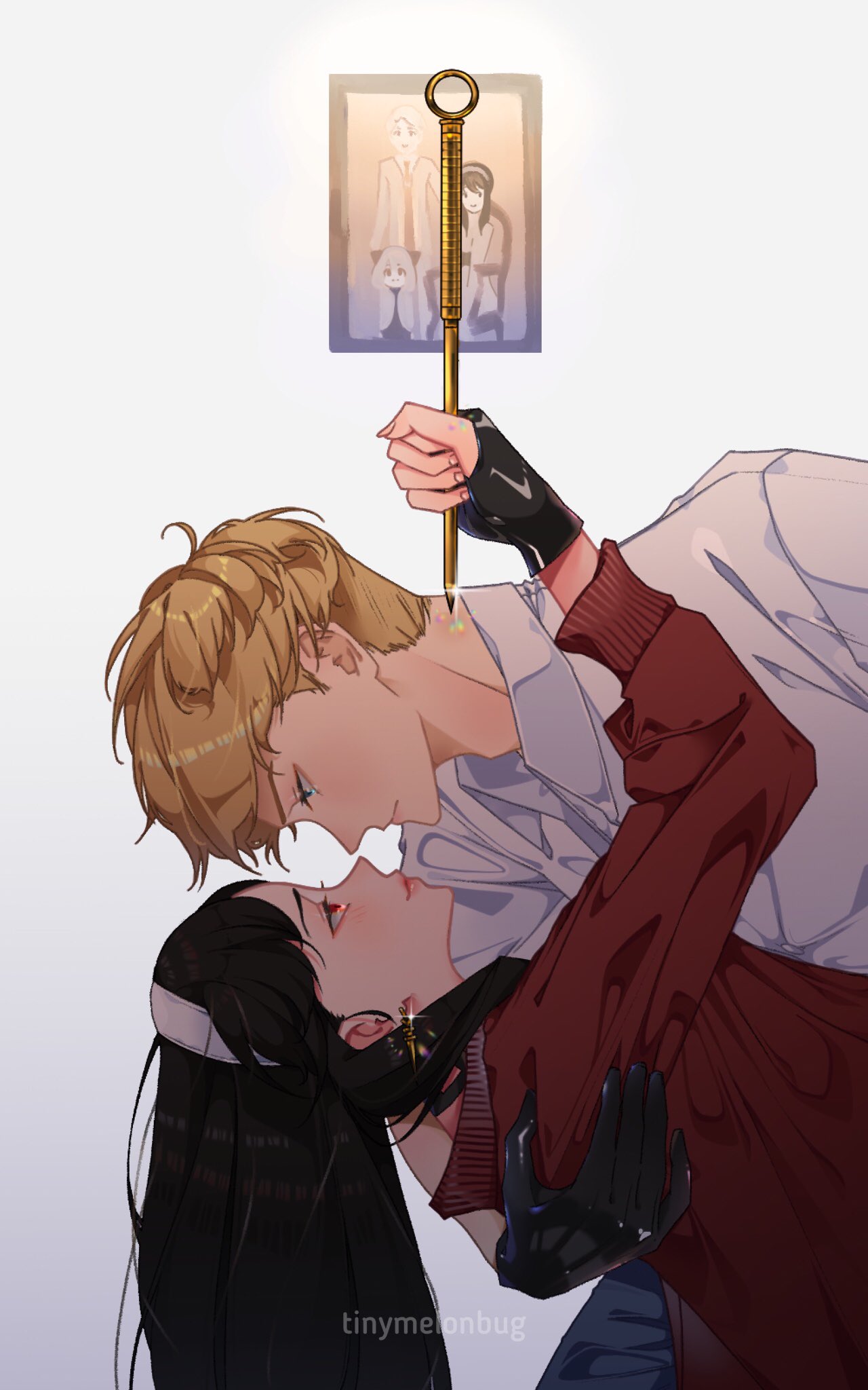 1boy, 1girl, artist_name, bangs, black_gloves, black_hair, blonde_hair, blue_eyes, blush, collared_shirt, commentary, dagger, dress, earrings, eye_contact, family_portrait, fingerless_gloves, gloves, hairband, highres, holding, holding_weapon, husband_and_wife, jewelry, knife, light_smile, lips, long_hair, looking_at_another, off-shoulder_dress, off_shoulder, red_eyes, shirt, sidelocks, spy_x_family, stiletto_(weapon), sweater, sweater_dress, tinymelonbug, twilight_(spy_x_family), undercut, weapon, white_hairband, white_shirt, wing_collar, yor_briar