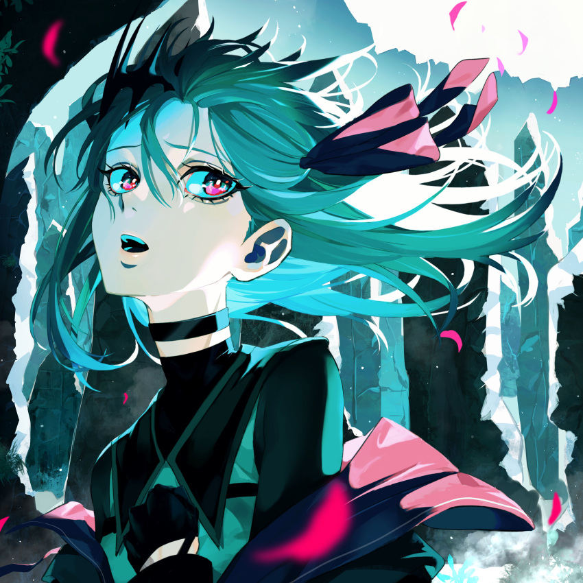 1girl, absurdres, black_gloves, character_request, choker, falling_petals, gloves, hair_ribbon