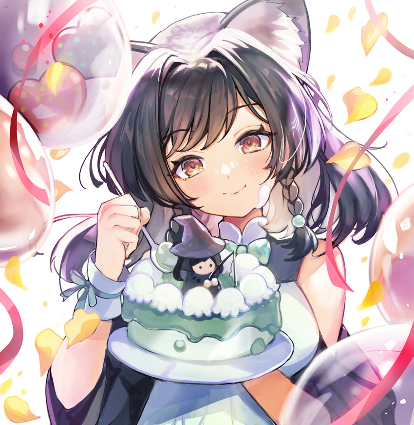 1girl, animal_ears, birthday, birthday_cake, black_hair, blue_eyes, brown_eyes, cake