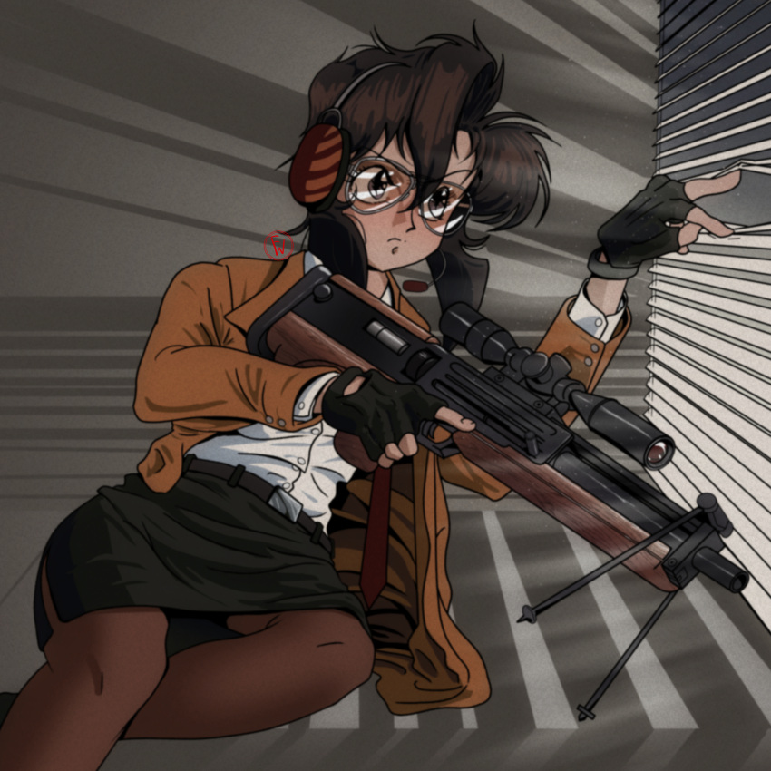 aviator_sunglasses, blue_eyes, brown_hair, bullpup, dark-skinned_female, dark_skin, earphones, fingerless_gloves