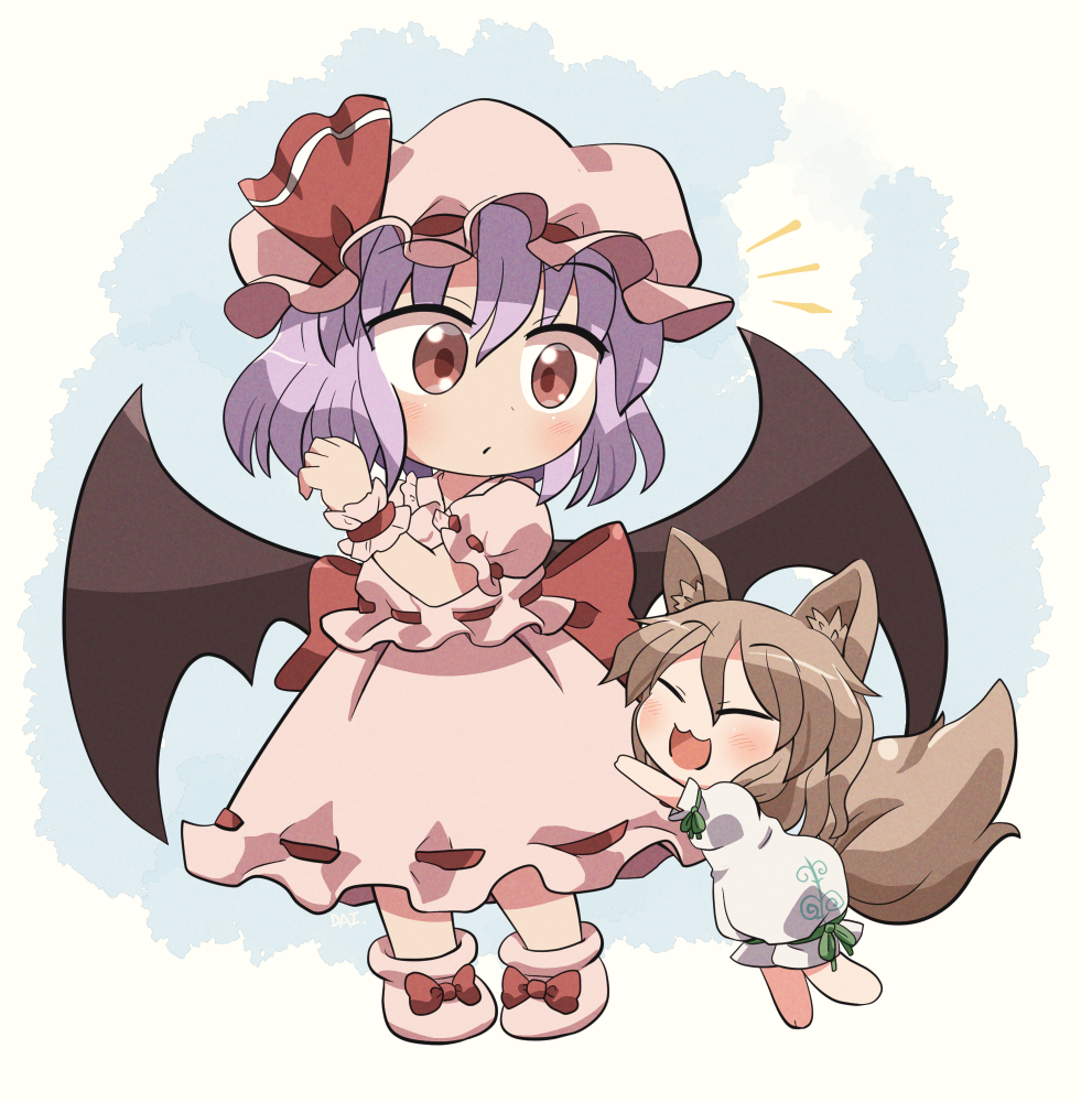 2girls, animal_ears, bat_wings, black_wings, blush, closed_eyes, dress, eyebrows_visible_through_hair
