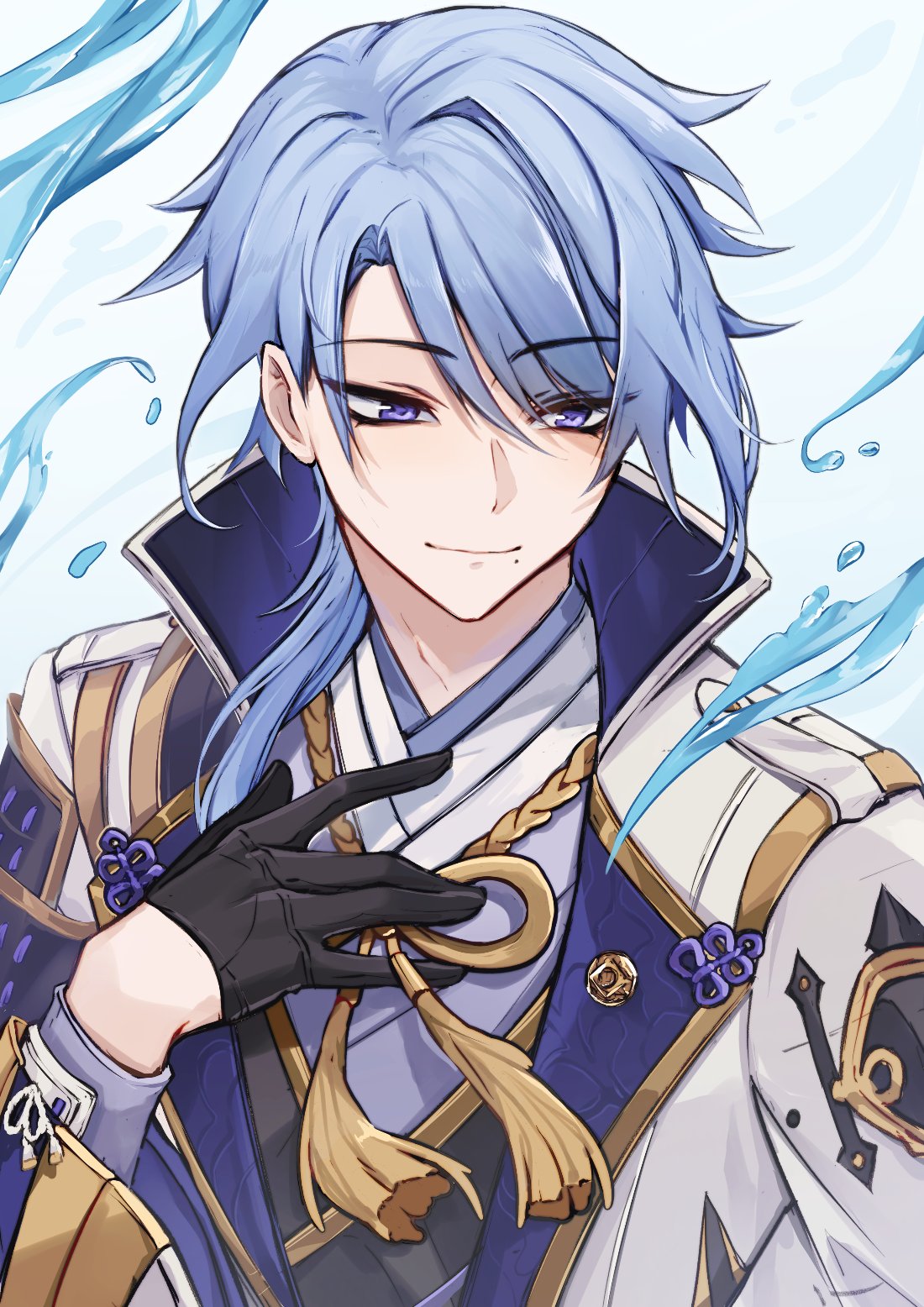 1boy, black_gloves, elfboiii, formal, genshin_impact, gloves, half_gloves, hand_on_own_chest