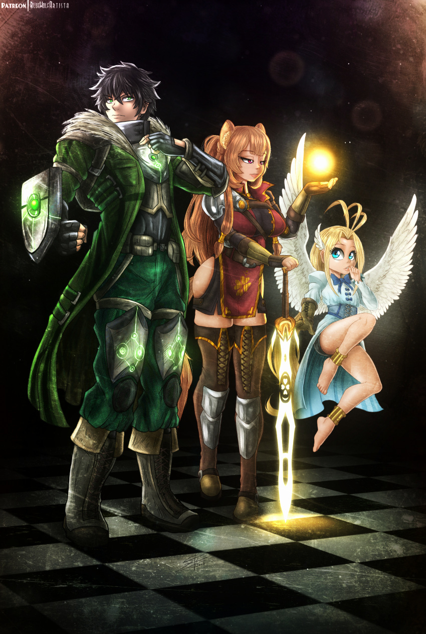 absurdres, animal_ear_fluff, animal_ears, armor, black_hair, blonde_hair, blue_eyes, bluewolfartista