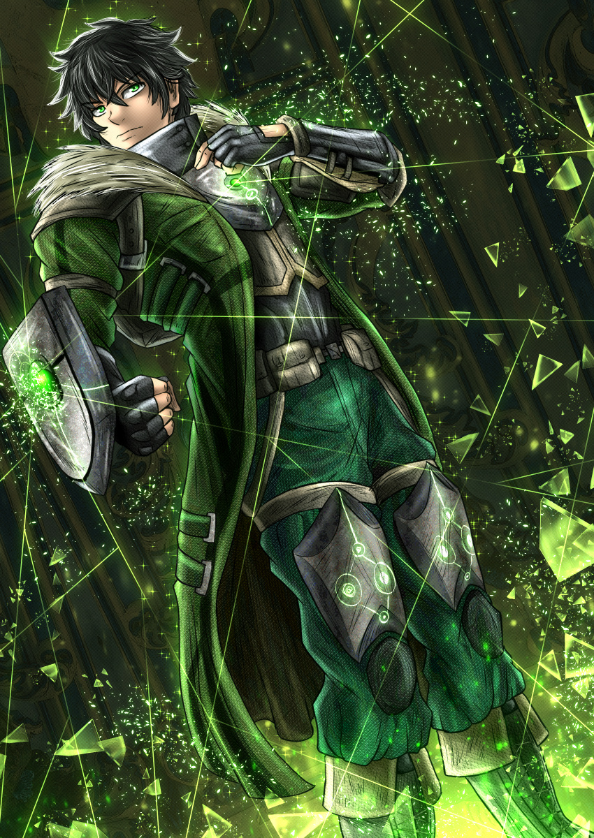 1boy, absurdres, armor, black_hair, bluewolfartista, fantasy, green_eyes, highres