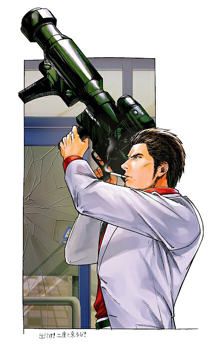1boy, apocalypse, belt, black_belt, broken_glass, cigarette, door, glass, glass_door, grey_jacket, grey_pants, holding, holding_weapon, jacket, kiryuu_kazuma, male_focus, otamot, outside_border, pants, profile, rocket_launcher, ryuu_ga_gotoku, ryuu_ga_gotoku_of_the_end, upper_body, weapon, white_background, window, yakuza