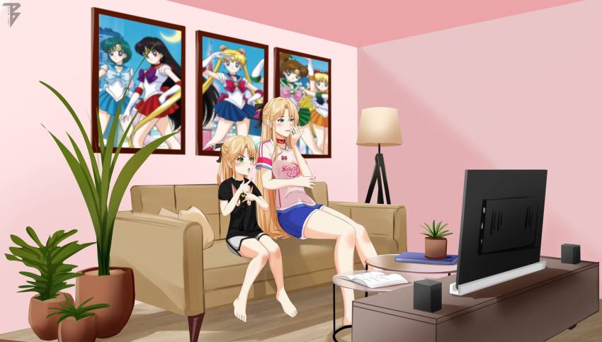 2girls, azur_lane, barefoot, bishoujo_senshi_sailor_moon, bishoujo_senshi_sailor_moon_crystal, blonde_hair, choker, commission
