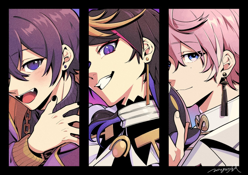 3boys, black_hair, black_nails, blonde_hair, blue_eyes, chain_necklace, earrings, grin