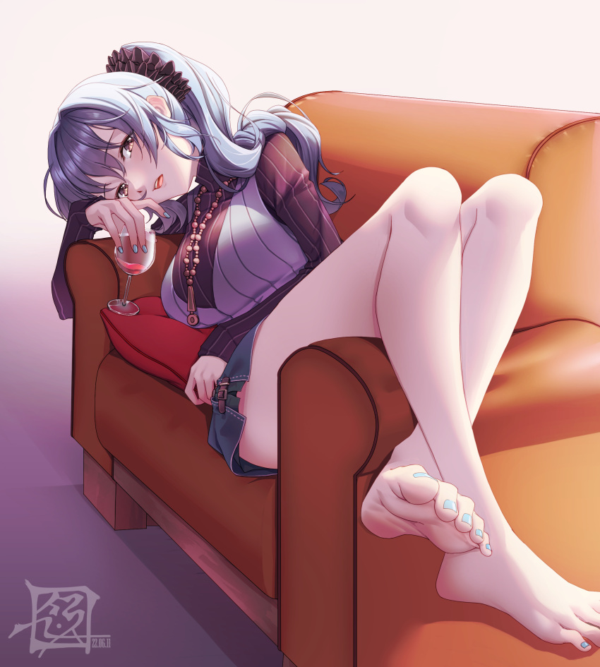 1girl, absurdres, artist_logo, bangs, bare_legs, barefoot, blue_hair, blue_skirt