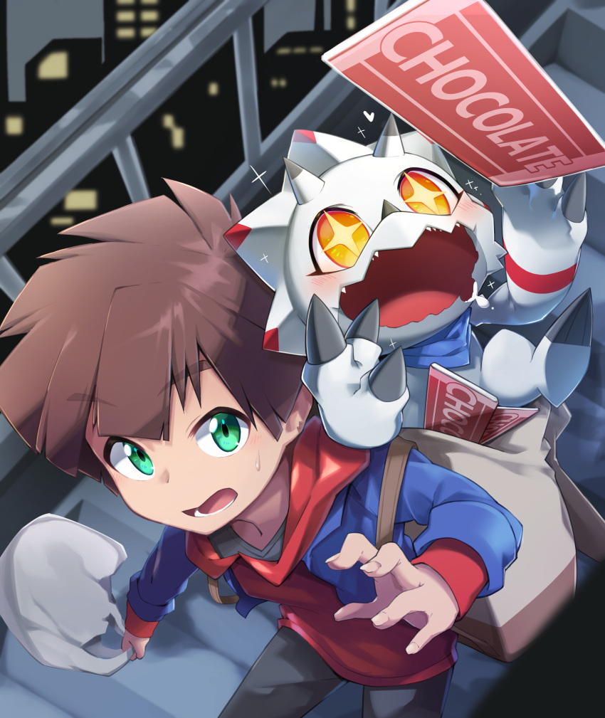 +_+, 1boy, 1other, absurdres, bag, blue_eyes, building, character_request, chocolate, commentary_request, digimon, digimon_(creature), digimon_ghost_game, dutch_angle, eyebrows_visible_through_hair, from_above, gammamon, heart, highres, holding, light, looking_up, male_child, male_focus, night, railing, stairs, teeth, toyuri_(angrm)