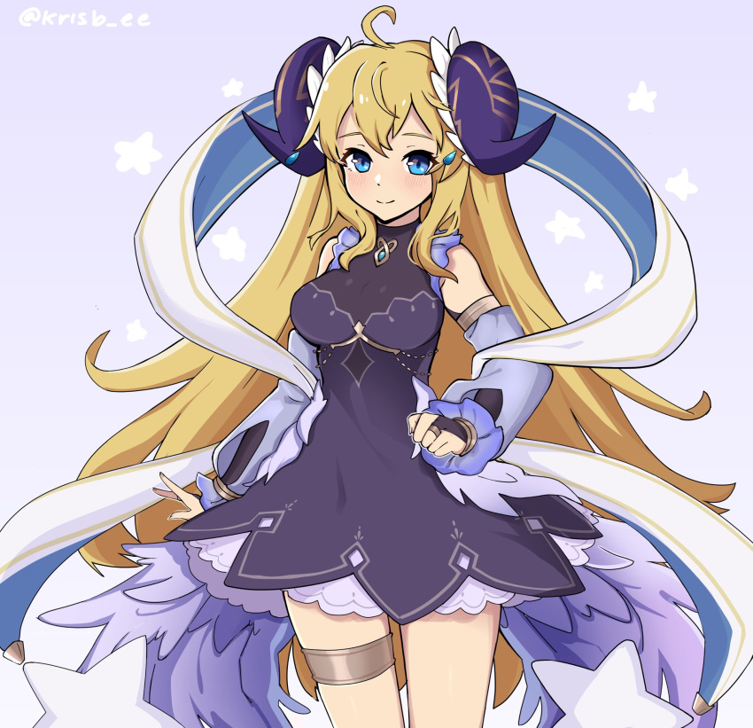 1girl, ahoge, bangs, blonde_hair, blue_eyes, blush, breasts, bridal_gauntlets