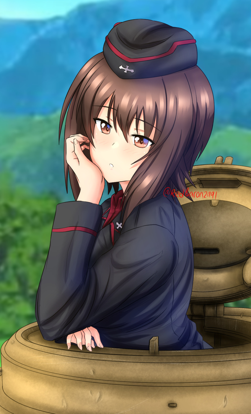1girl, bangs, black_headwear, black_jacket, blurry, blurry_background, blush, brown_eyes