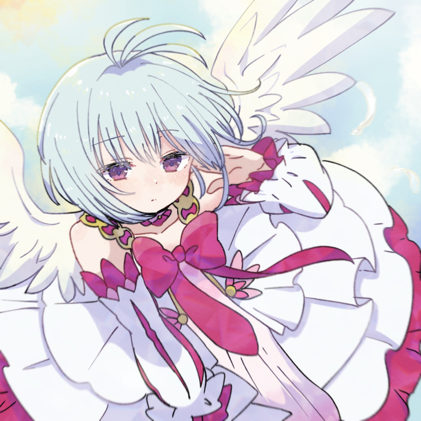 1girl, adjusting_hair, ahoge, angel_wings, bangs, blue_sky, bow, bowtie