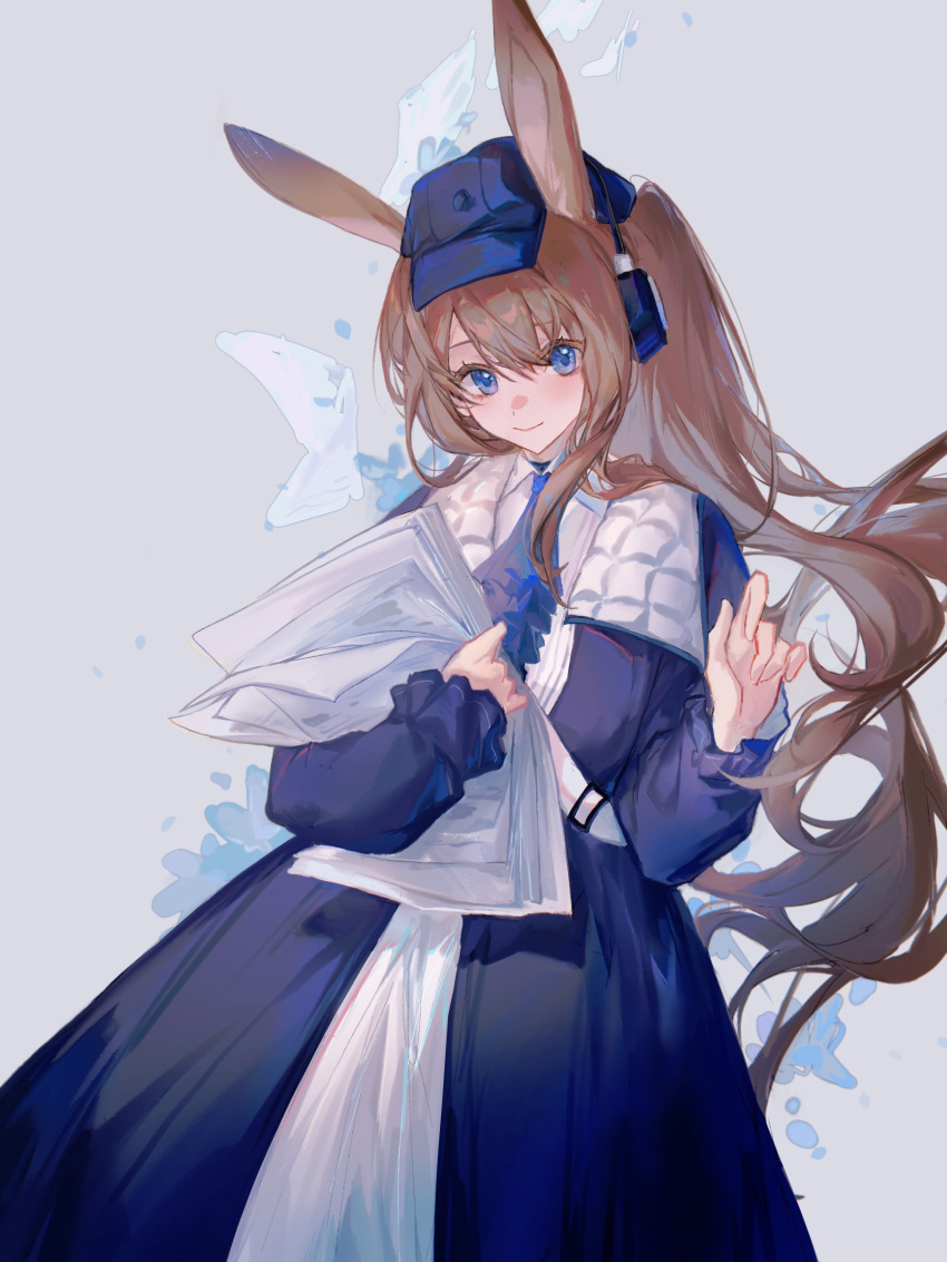 1girl, amiya_(arknights), animal_ear_fluff, animal_ears, arknights, bangs, blue_dress, blue_eyes