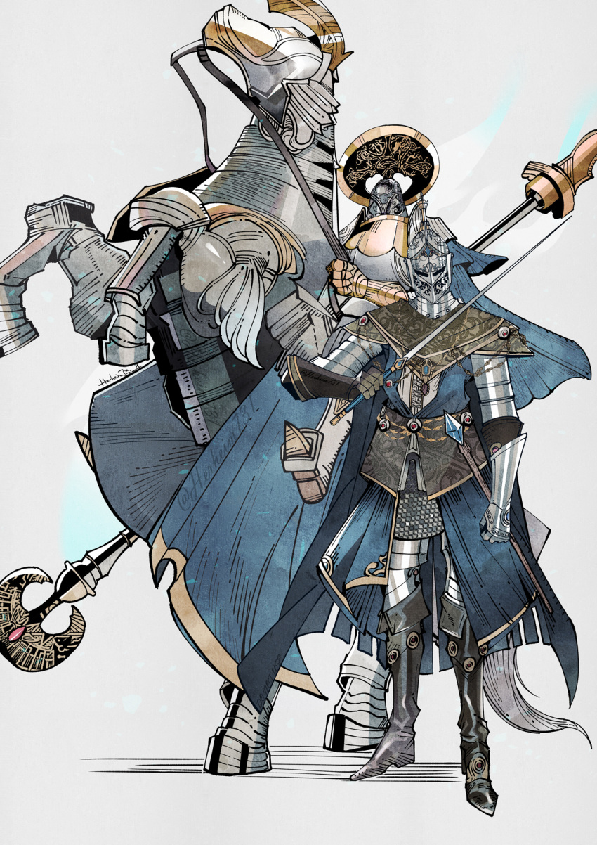 1boy, 1girl, armor, barding, denny626, elden_ring, full_armor, full_body, highres, holding, holding_polearm, holding_sword, holding_weapon, horse, horseback_riding, loretta_knight_of_the_haligtree, moongrum_carian_knight, polearm, riding, simple_background, staff, standing, sword, weapon, white_background