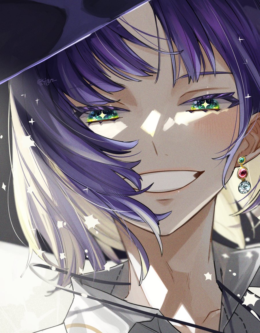 +_+, 1boy, blush, collared_shirt, earrings, facing_viewer, green_eyes, grin