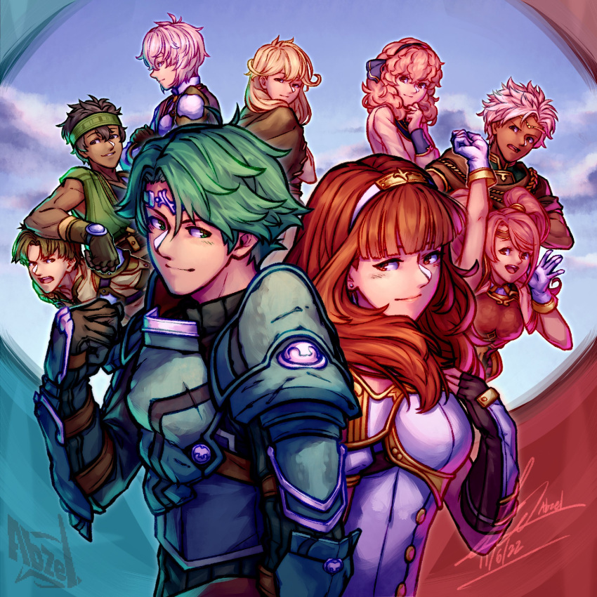 alm_(fire_emblem), armor, armored_dress, artist_name, blonde_hair, boey_(fire_emblem), brown_hair, cape