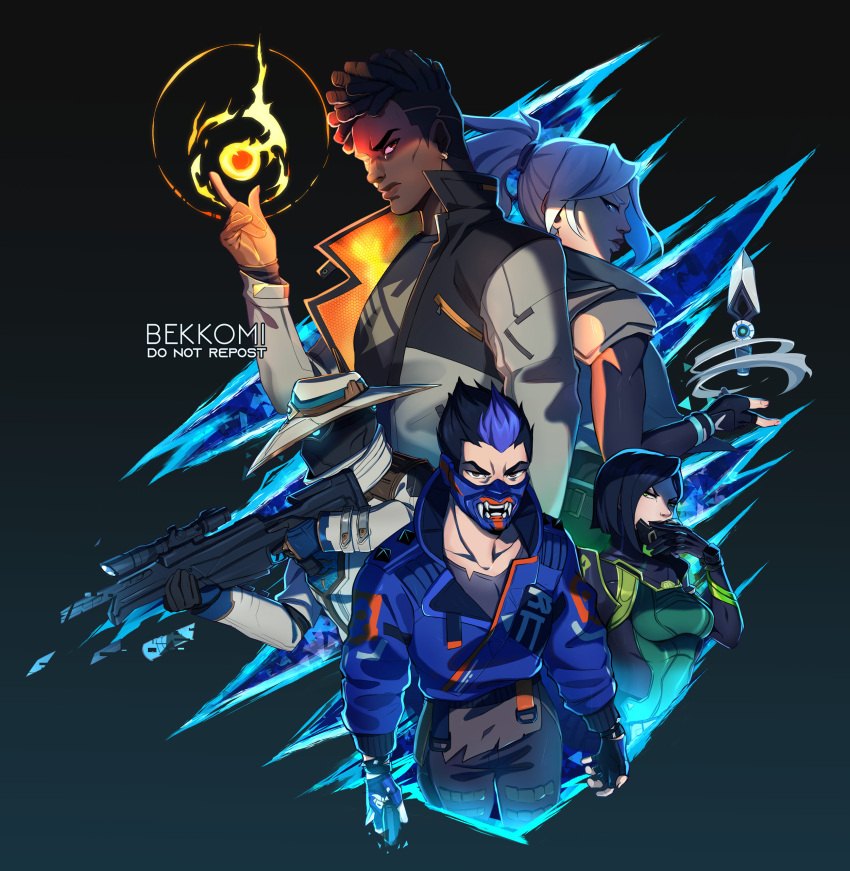 2girls, 3boys, absurdres, aiming, artist_name, bekkomi, belt, black_hair