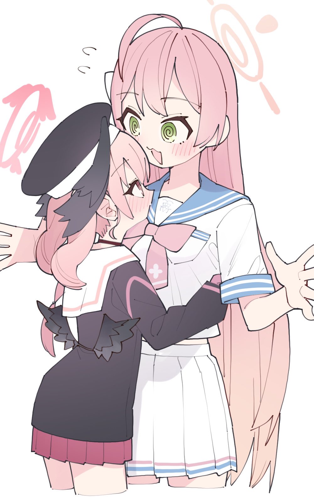 2girls, @_@, ahoge, bangs, black_shirt, blue_archive, blush, bow