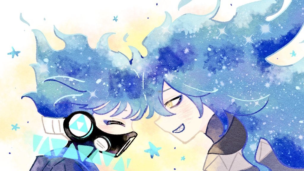 2boys, black_mask, blue_hair, brothers, closed_eyes, commentary_request, eyeliner, face-to-face