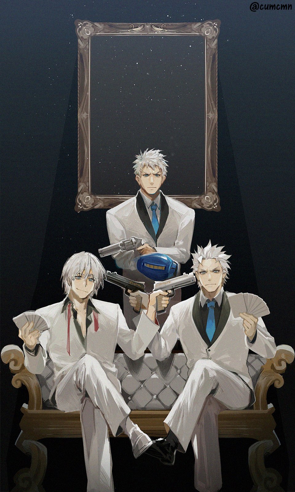 3boys, bare_pectorals, black_footwear, blue_eyes, blue_necktie, card, closed_mouth, couch