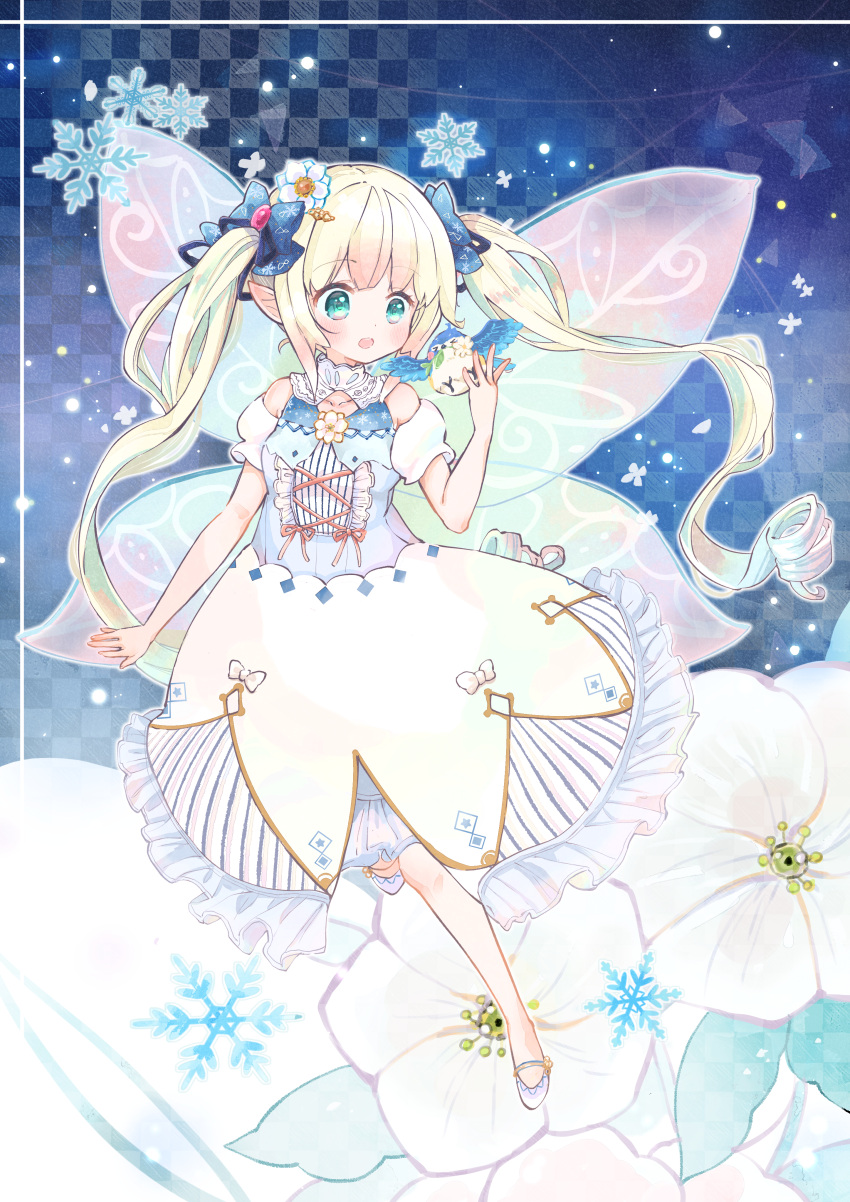 1girl, :o, absurdres, aqua_eyes, bare_shoulders, bird, blonde_hair, blue_bird