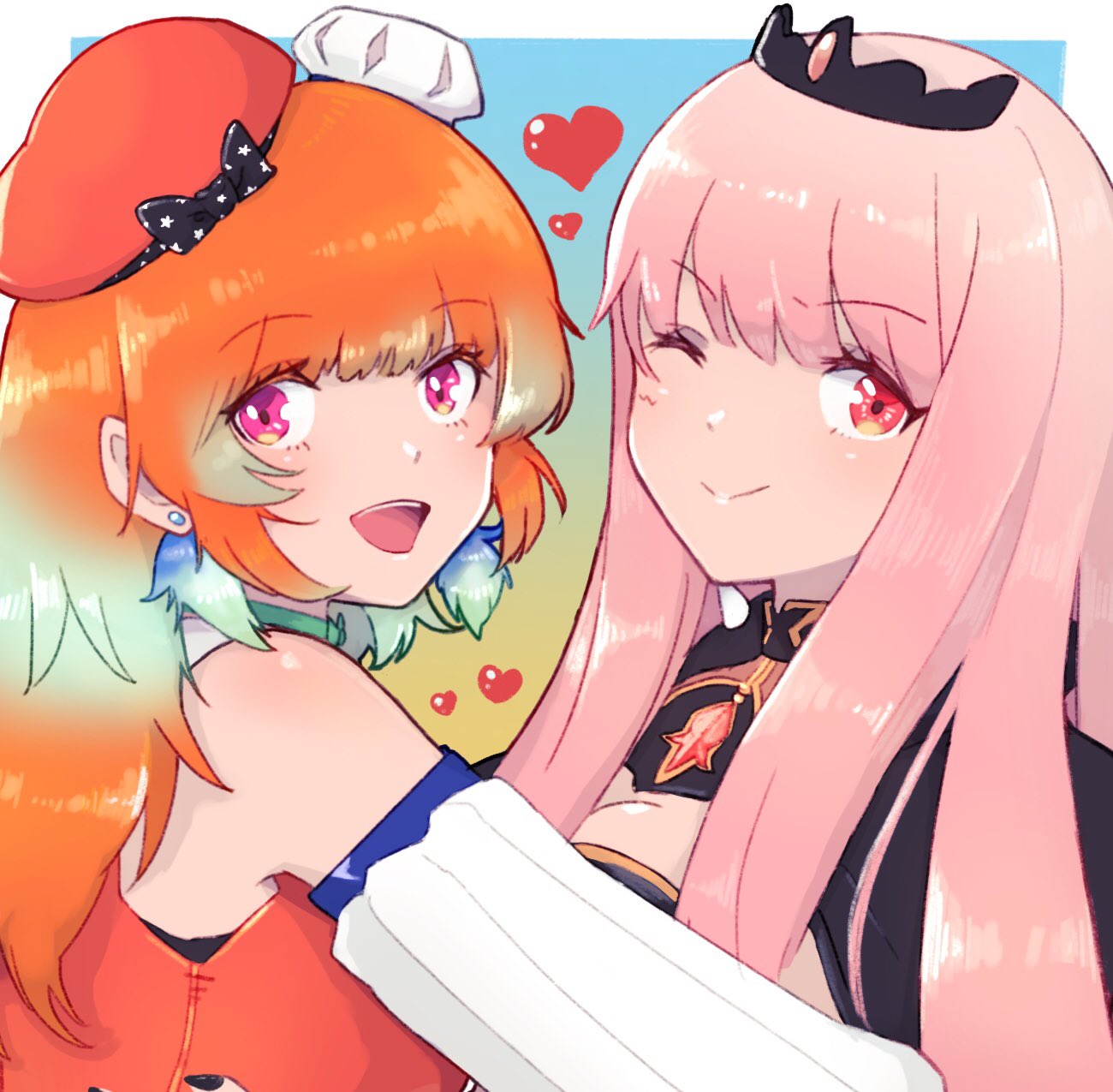 2girls, bow_choker, chef_hat, couple, earrings, eyebrows_visible_through_hair, feather_earrings, feathers